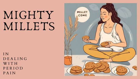 Woman on periods eating millet cookies, gluten free healthy snacks for menstrual cramps craving
