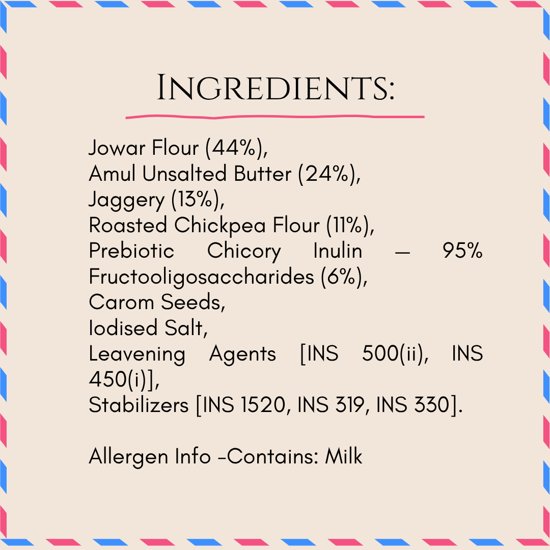 Bazic mini cookie ingredient declaration — jowar flour, butter, jaggery, chickpea flour, inulin