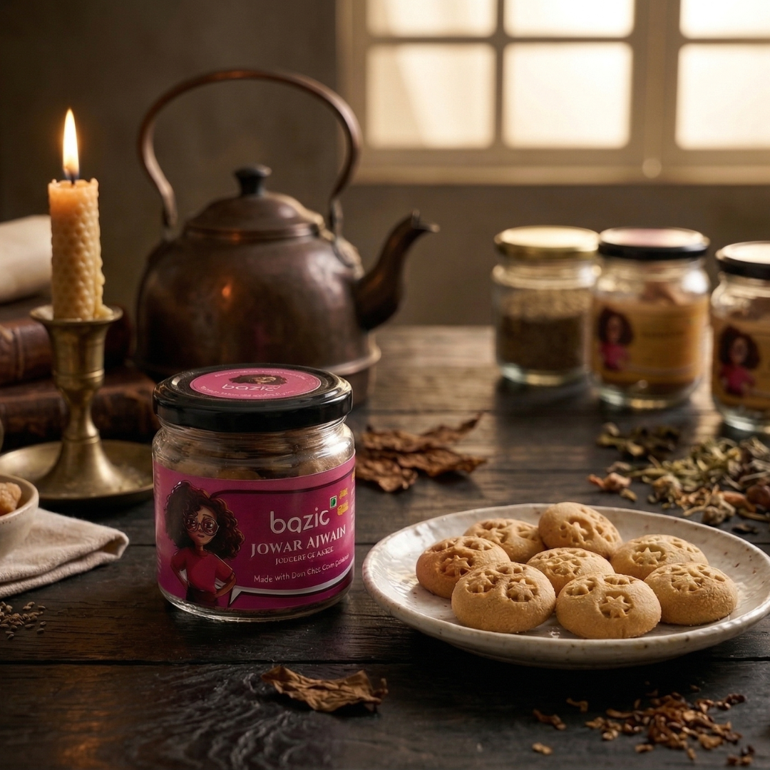 Hand holding Bazic mini ajwain cookie jar showing product size and label