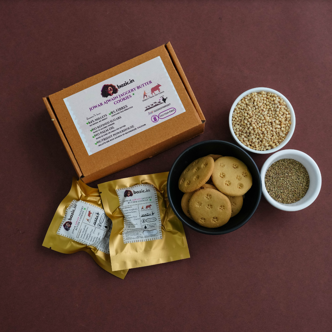 Bazic Jowar Ajwain Jaggery Butter Cookies gold foil sachet packaging front view