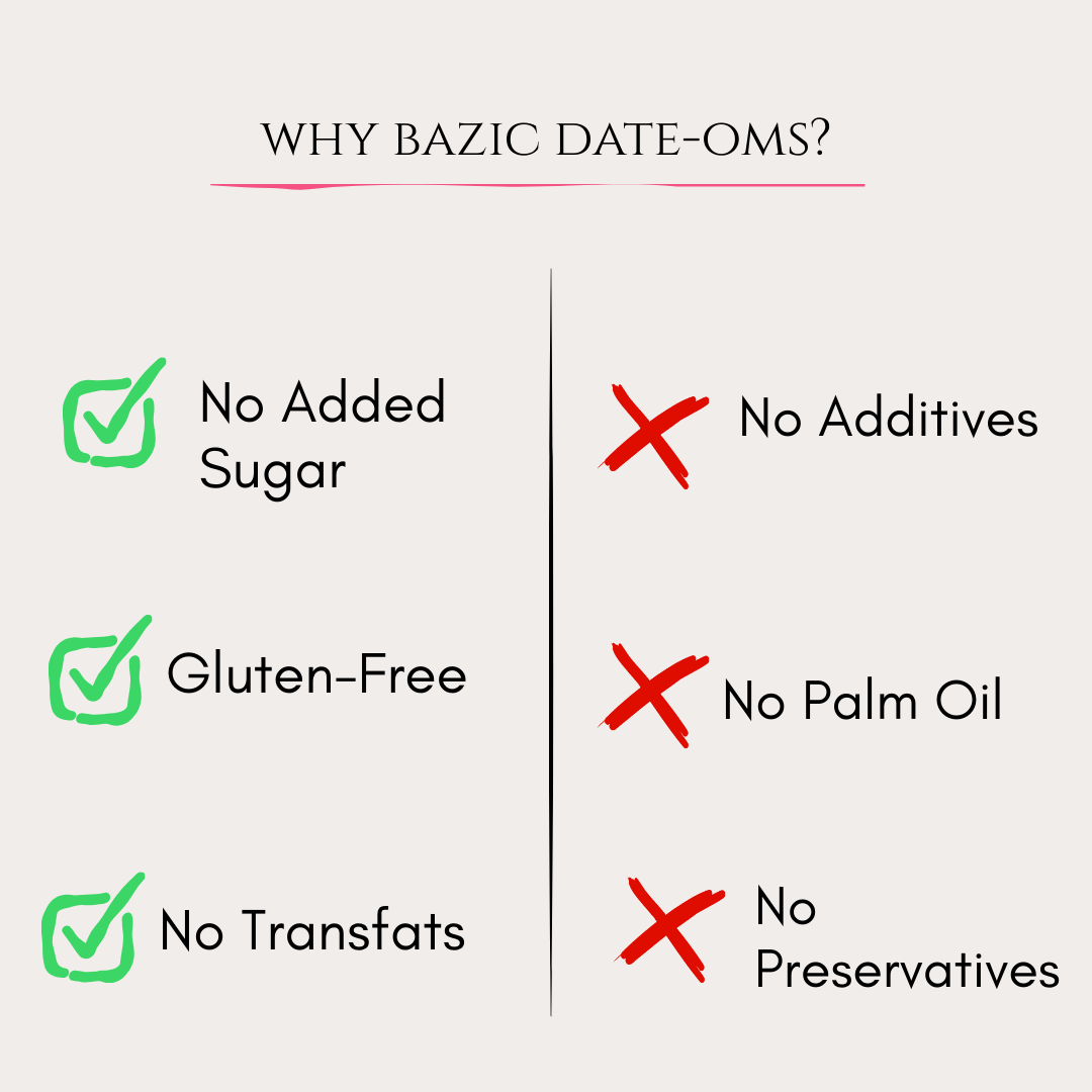 Bazic Dateoms gluten free no added sugar no palm oil no preservatives trans fat free natural snack