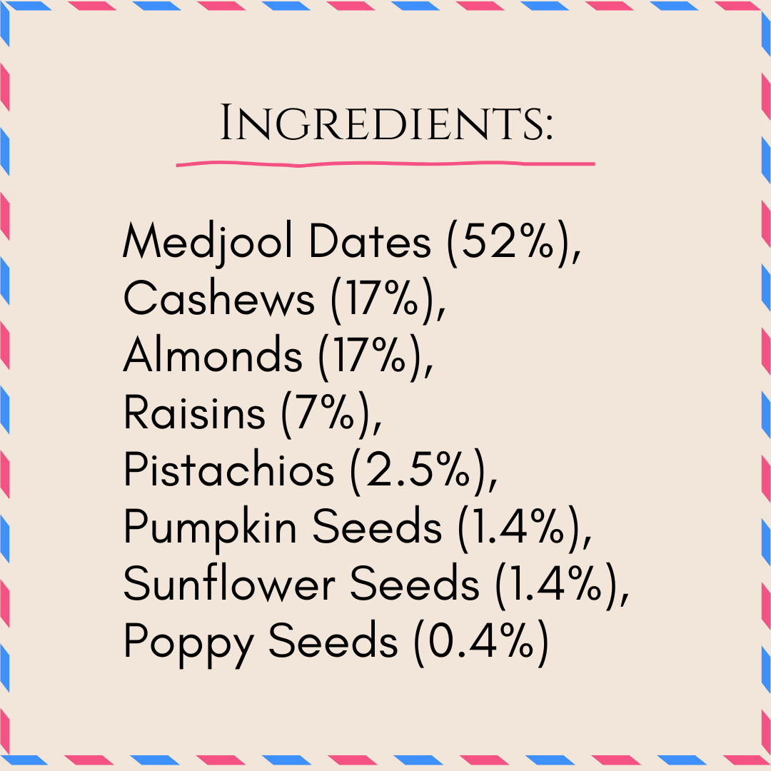 Dateoms ingredients Medjool dates cashews almonds raisins pistachios pumpkin sunflower poppy seeds