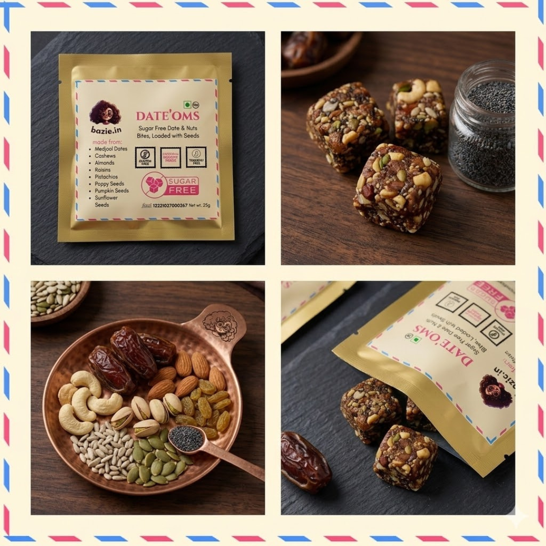 Bazic Dateoms Medjool date snack bites with pistachios raisins pumpkin seeds sunflower seeds