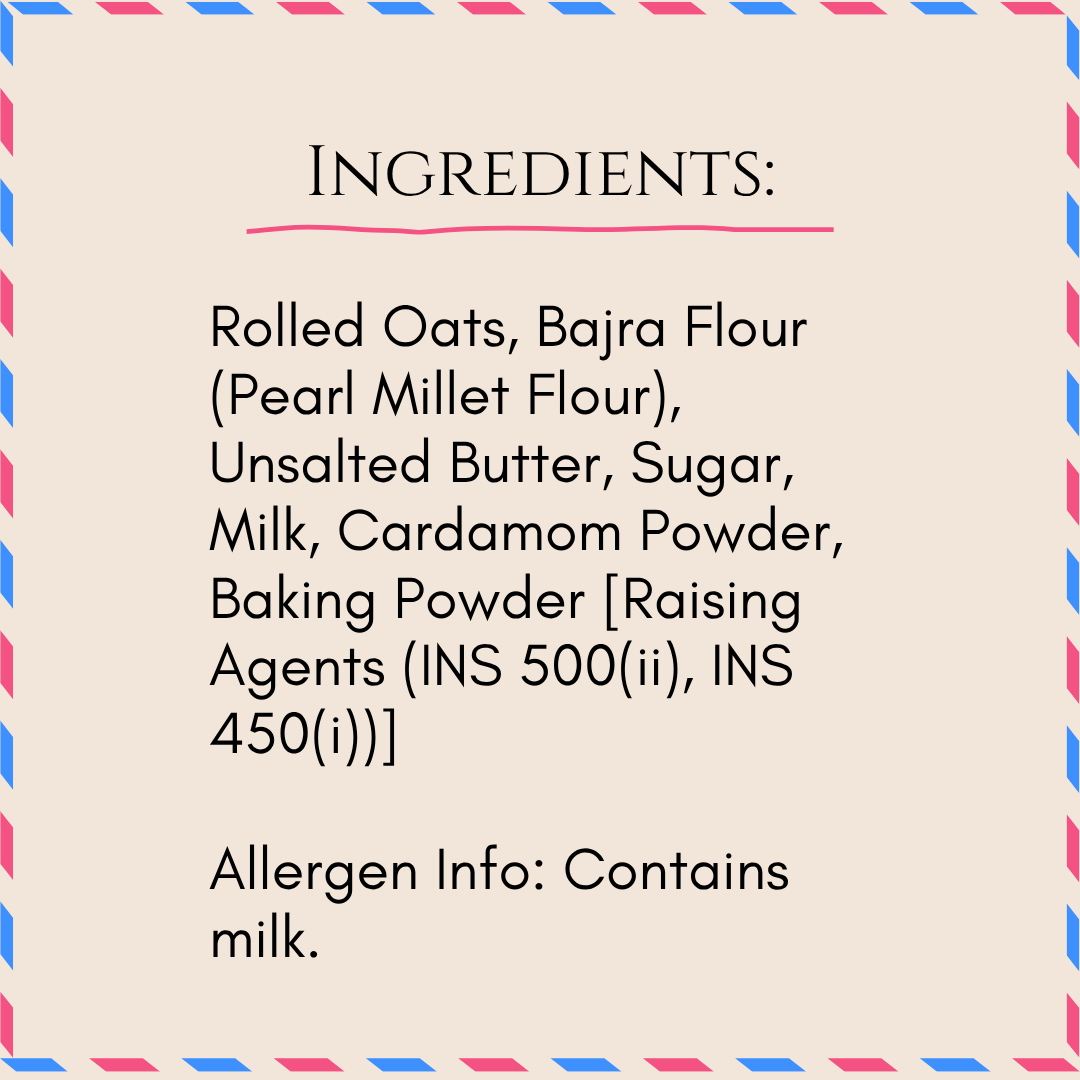 Bazic cookie ingredient flat lay — rolled oats, bajra flour, Amul butter, cane sugar, cardamom