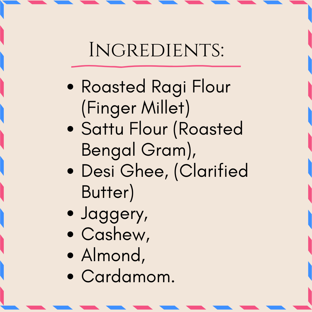 Ingredient list for Bazic Ragi Laddu — ragi flour, sattu, jaggery, ghee, cashew, almond, cardamom
