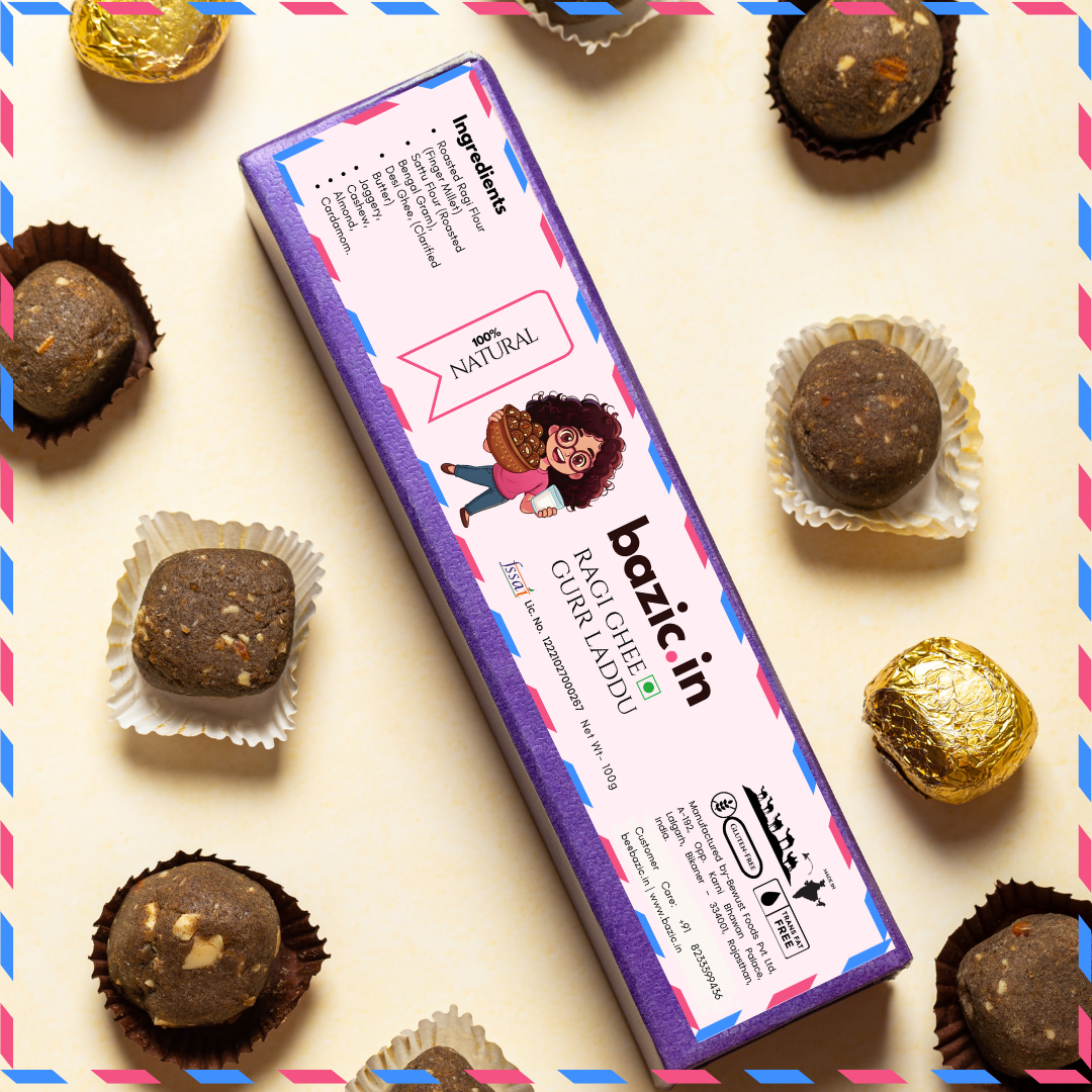 Bazic Ragi Laddu box open showing five individually portioned laddoos8