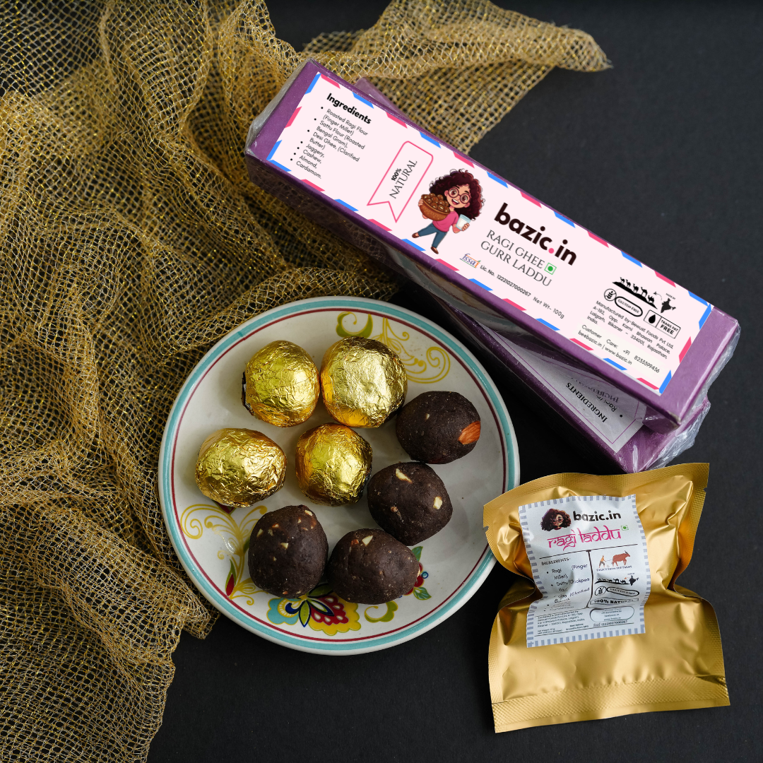 Bazic Ragi Laddu styled as a gifting option — premium Indian mithai with no refined sugar