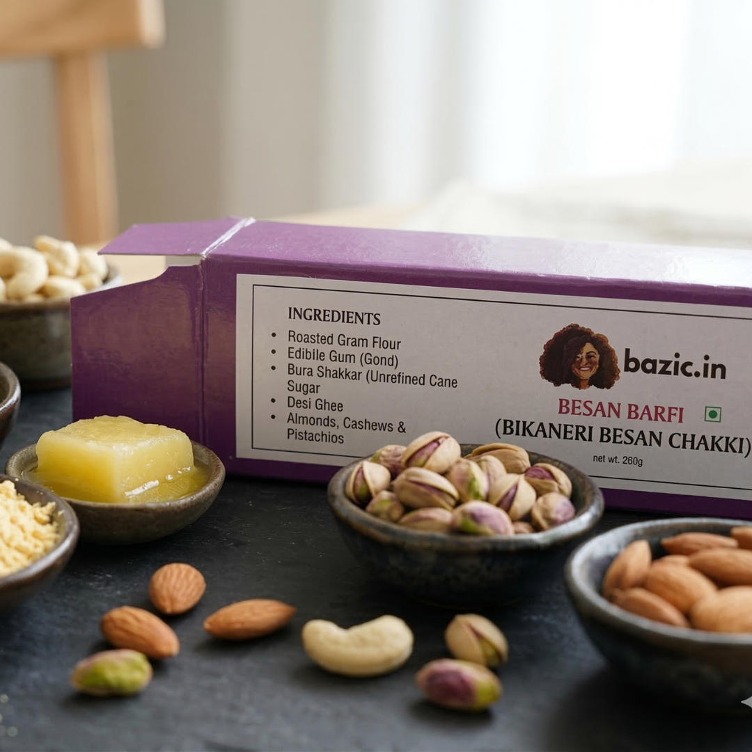 Bazic Sattu Barfi ingredients label roasted gram flour desi ghee unrefined cane sugar almonds cashews pistachios
