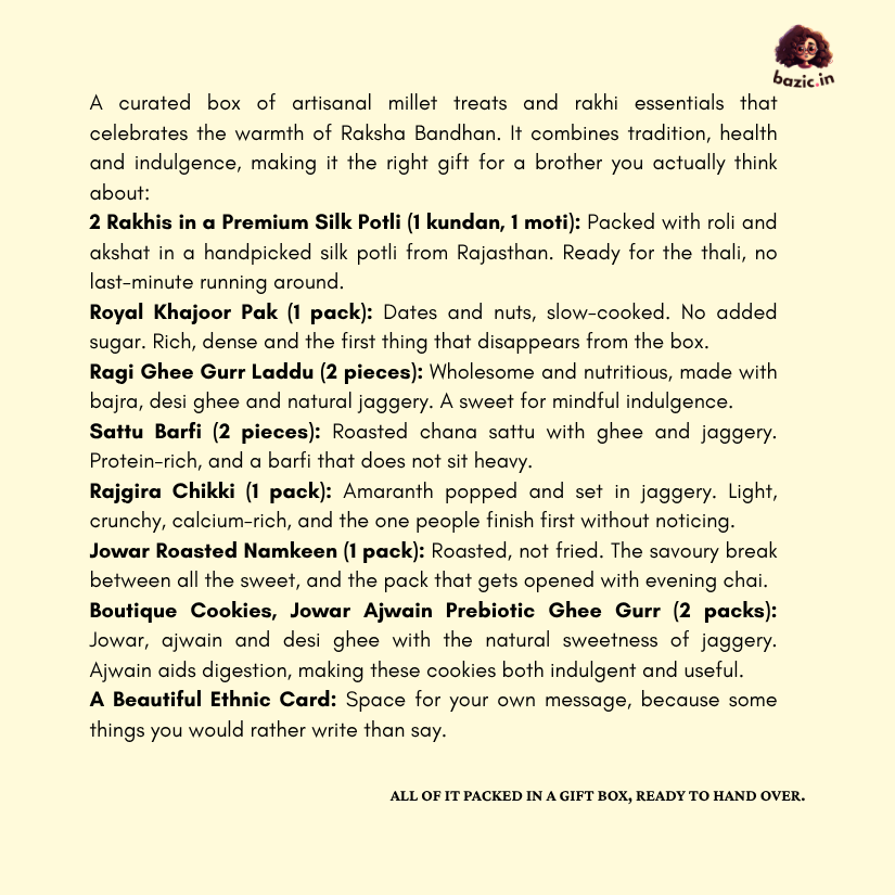 Bazic Raksha Bandhan Gift Box | 2 Rakhis with Millet Mithai & Cookies