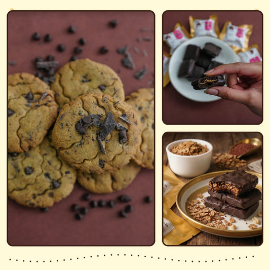 Chocolate Three Ways combo: chocochip cookies, Miltam and protein bars collage