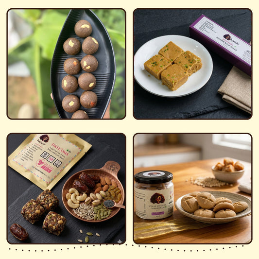 The Mithai Reset combo: laddu, barfi, DateOms and nankhatai collage
